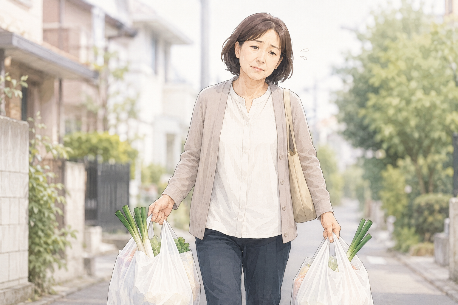 重い買い物袋を両手に提げて歩く女性